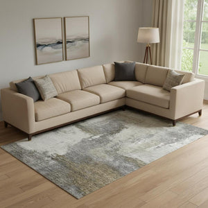 HomeRoots 9' X 12' Abstract Washable Area Rug - Gray, Silver & Beige with UV Protection for Modern Homes 683535