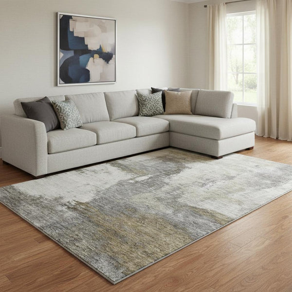 HomeRoots 10' X 14' Gray Silver Beige Abstract Area Rug - Modern Washable Design with UV Protection & Stain Resistance 683536