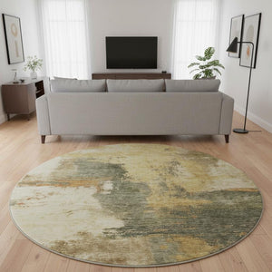 HomeRoots 8' Sage and Beige Abstract Round Rug - Washable, UV-Protected, Stain-Resistant for Modern Homes 683539