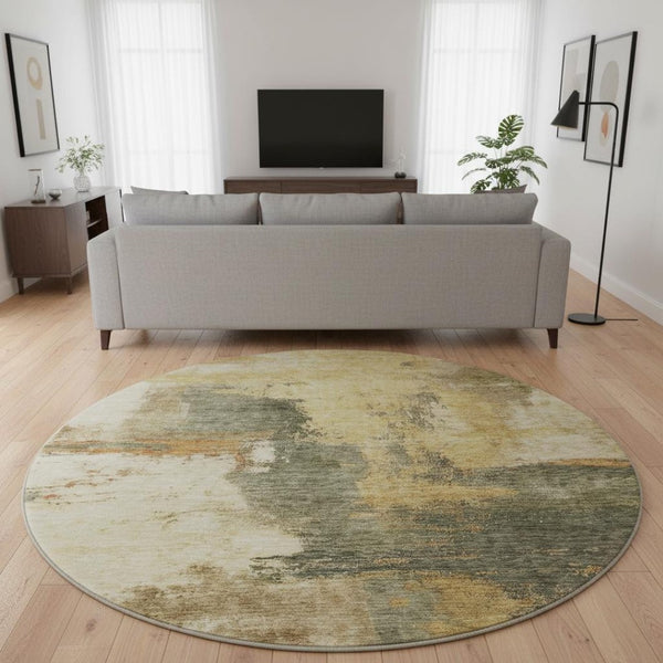 HomeRoots 8' Sage and Beige Abstract Round Rug - Washable, UV-Protected, Stain-Resistant for Modern Homes 683539