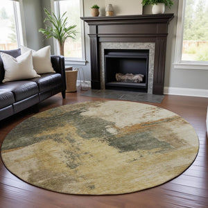 HomeRoots 8' Sage and Beige Abstract Round Rug - Washable, UV-Protected, Stain-Resistant for Modern Homes 683539