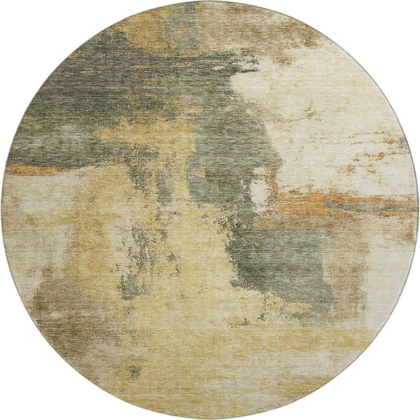HomeRoots 8' Sage and Beige Abstract Round Rug - Washable, UV-Protected, Stain-Resistant for Modern Homes 683539