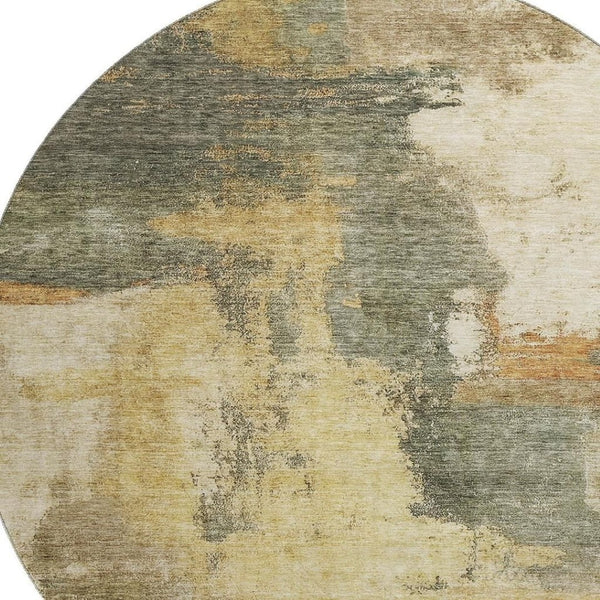 HomeRoots 8' Sage and Beige Abstract Round Rug - Washable, UV-Protected, Stain-Resistant for Modern Homes 683539