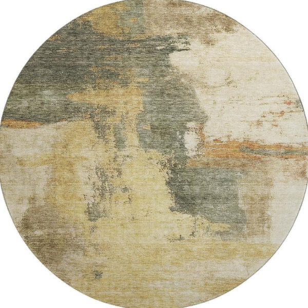 HomeRoots 8' Sage and Beige Abstract Round Rug - Washable, UV-Protected, Stain-Resistant for Modern Homes 683539
