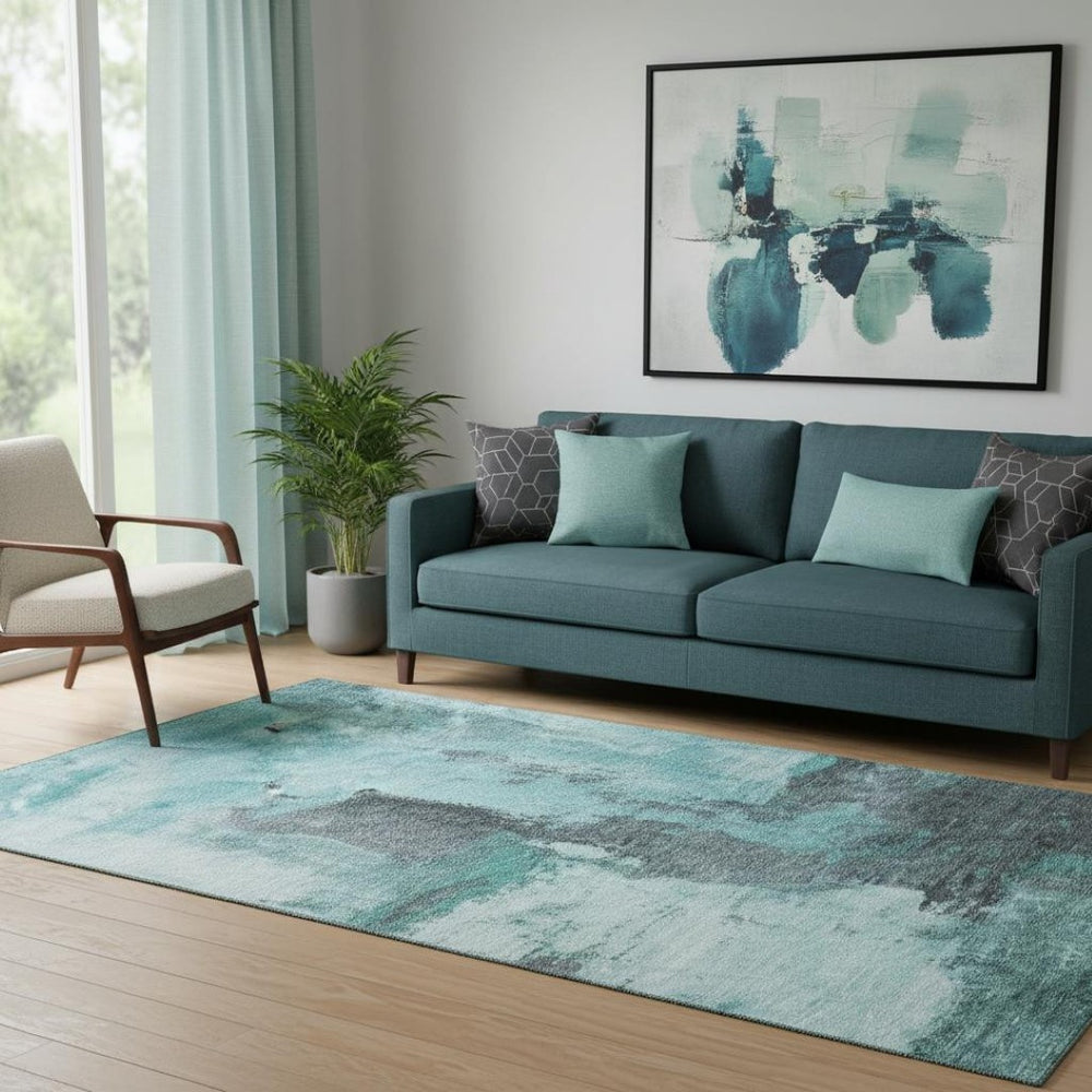 HomeRoots 5' Teal, Ivory & Charcoal Abstract Washable Area Rug – Durable, UV-Protected & Stain-Resistant Comfort 683544