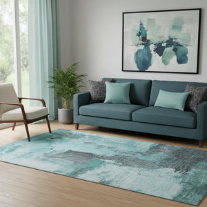 HomeRoots 5' Teal, Ivory & Charcoal Abstract Washable Area Rug – Durable, UV-Protected & Stain-Resistant Comfort 683544