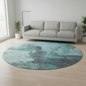 HomeRoots 8' Teal Ivory and Charcoal Abstract Washable Round Rug - UV Protection, Stain-Resistant, Modern Style 683545