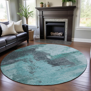 HomeRoots 8' Teal Ivory and Charcoal Abstract Washable Round Rug - UV Protection, Stain-Resistant, Modern Style 683545