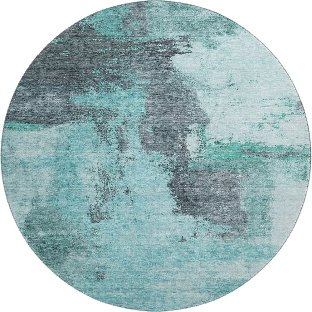 HomeRoots 8' Teal Ivory and Charcoal Abstract Washable Round Rug - UV Protection, Stain-Resistant, Modern Style 683545