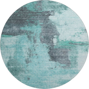 HomeRoots 8' Teal Ivory and Charcoal Abstract Washable Round Rug - UV Protection, Stain-Resistant, Modern Style 683545
