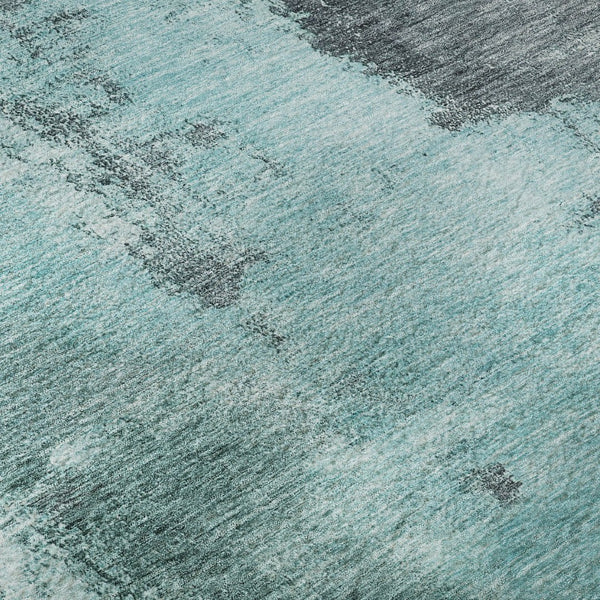 HomeRoots 8' Teal Ivory and Charcoal Abstract Washable Round Rug - UV Protection, Stain-Resistant, Modern Style 683545