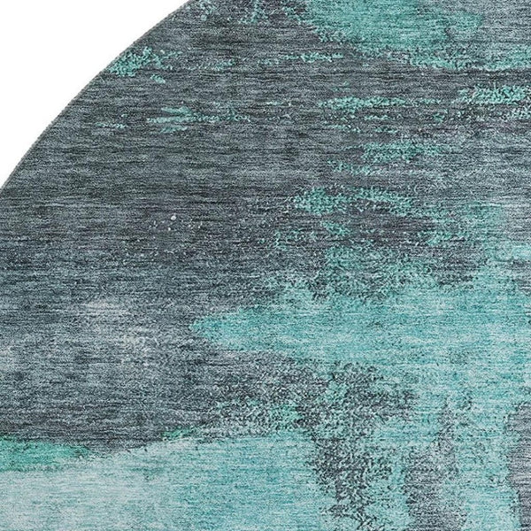 HomeRoots 8' Teal Ivory and Charcoal Abstract Washable Round Rug - UV Protection, Stain-Resistant, Modern Style 683545