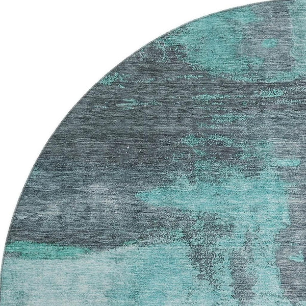 HomeRoots 8' Teal Ivory and Charcoal Abstract Washable Round Rug - UV Protection, Stain-Resistant, Modern Style 683545
