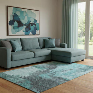 HomeRoots 8' X 10' Teal Ivory Charcoal Abstract Washable Area Rug - Stylish, Durable, UV-Protected Design! 683546