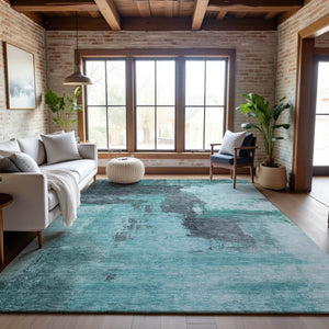 HomeRoots 8' X 10' Teal Ivory Charcoal Abstract Washable Area Rug - Stylish, Durable, UV-Protected Design! 683546