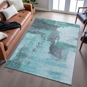 HomeRoots 8' X 10' Teal Ivory Charcoal Abstract Washable Area Rug - Stylish, Durable, UV-Protected Design! 683546