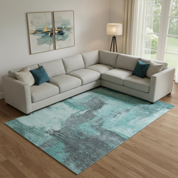HomeRoots 9' X 12' Teal Ivory Charcoal Abstract Area Rug – Stain Resistant, UV Protected, Easy-Care Comfort 683547