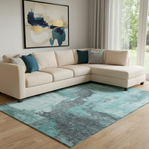 HomeRoots 10' X 14' Teal Ivory Charcoal Abstract Area Rug - Washable, Stain-Resistant, UV-Protected for Homes 683548