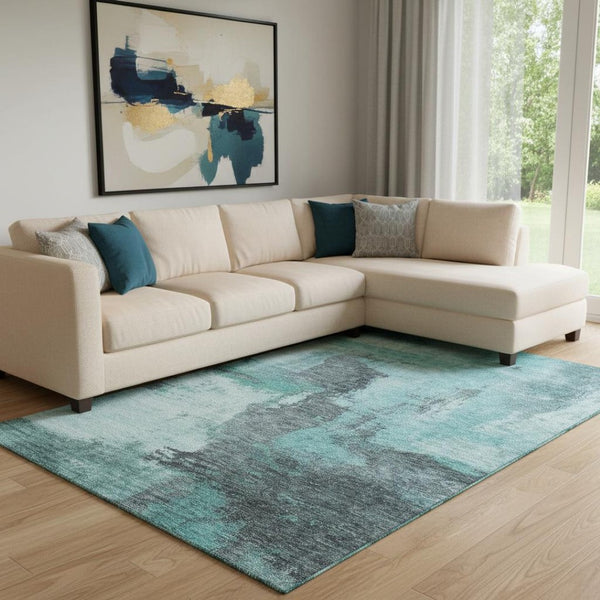 HomeRoots 10' X 14' Teal Ivory Charcoal Abstract Area Rug - Washable, Stain-Resistant, UV-Protected for Homes 683548