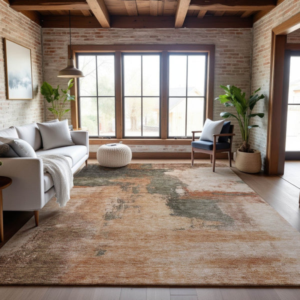HomeRoots 5' X 8' Washable Terra Cotta Beige & Sage Abstract Area Rug with UV Protection for Modern Homes 683550