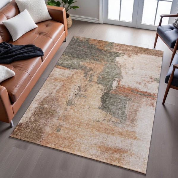 HomeRoots 5' X 8' Washable Terra Cotta Beige & Sage Abstract Area Rug with UV Protection for Modern Homes 683550