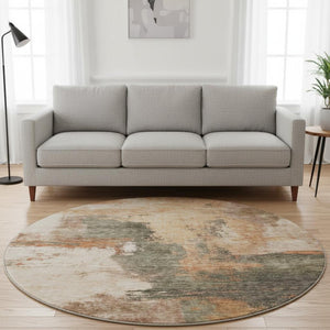 HomeRoots 8' Modern Terra Cotta Beige & Sage Abstract Washable Round Rug with UV Protection for Any Space 683551