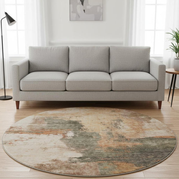 HomeRoots 8' Modern Terra Cotta Beige & Sage Abstract Washable Round Rug with UV Protection for Any Space 683551