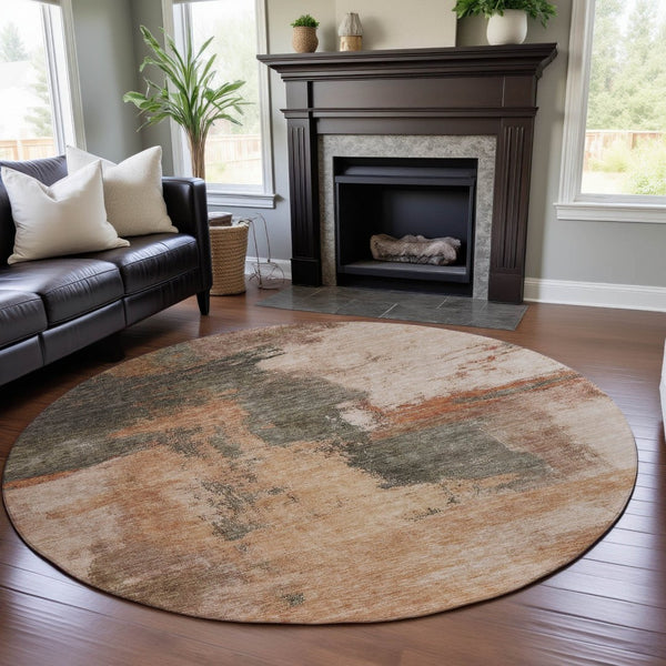 HomeRoots 8' Modern Terra Cotta Beige & Sage Abstract Washable Round Rug with UV Protection for Any Space 683551