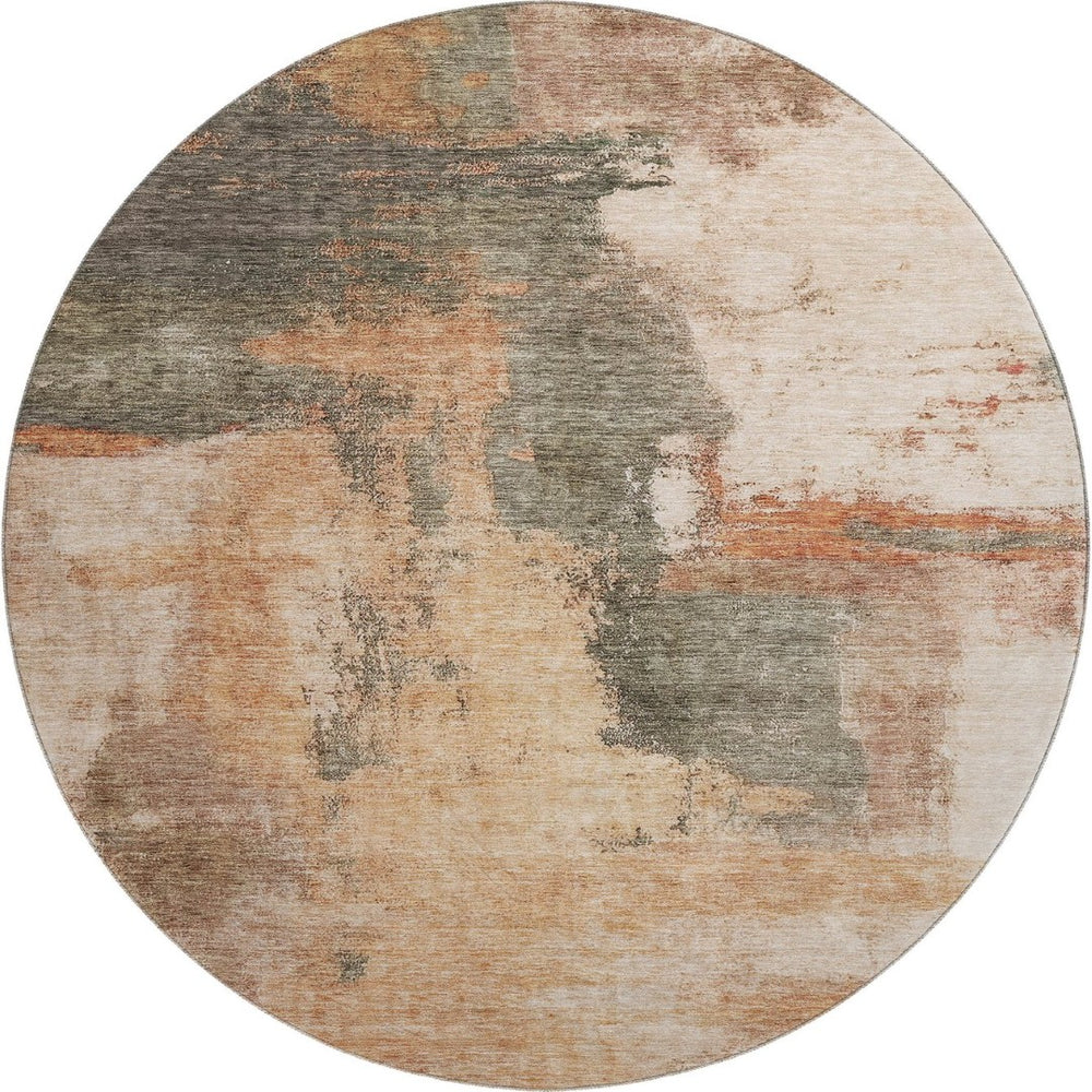 HomeRoots 8' Modern Terra Cotta Beige & Sage Abstract Washable Round Rug with UV Protection for Any Space 683551