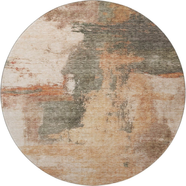 HomeRoots 8' Modern Terra Cotta Beige & Sage Abstract Washable Round Rug with UV Protection for Any Space 683551