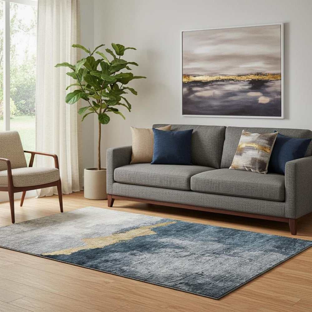 HomeRoots 5' Blue Gray and Gold Abstract Washable Area Rug - UV Protected, Stain-Resistant for High Traffic Spaces 683556