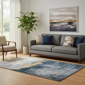 HomeRoots 5' Blue Gray and Gold Abstract Washable Area Rug - UV Protected, Stain-Resistant for High Traffic Spaces 683556
