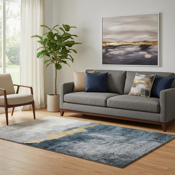 HomeRoots 5' Blue Gray and Gold Abstract Washable Area Rug - UV Protected, Stain-Resistant for High Traffic Spaces 683556