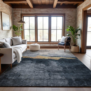 HomeRoots 5' Blue Gray and Gold Abstract Washable Area Rug - UV Protected, Stain-Resistant for High Traffic Spaces 683556