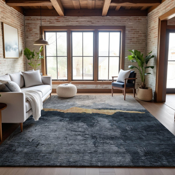 HomeRoots 5' Blue Gray and Gold Abstract Washable Area Rug - UV Protected, Stain-Resistant for High Traffic Spaces 683556