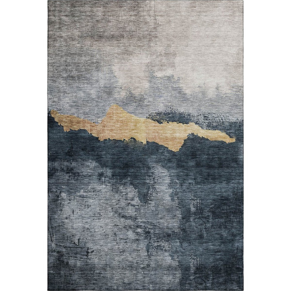 HomeRoots 5' Blue Gray and Gold Abstract Washable Area Rug - UV Protected, Stain-Resistant for High Traffic Spaces 683556