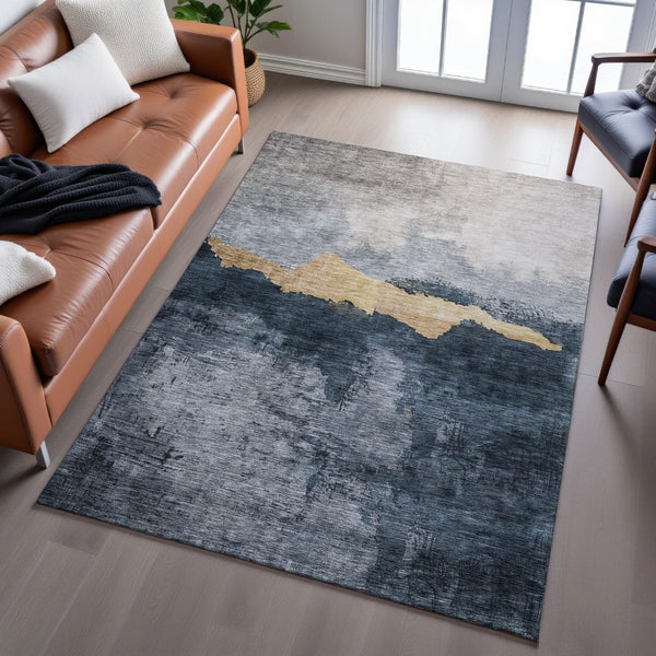 HomeRoots 5' Blue Gray and Gold Abstract Washable Area Rug - UV Protected, Stain-Resistant for High Traffic Spaces 683556