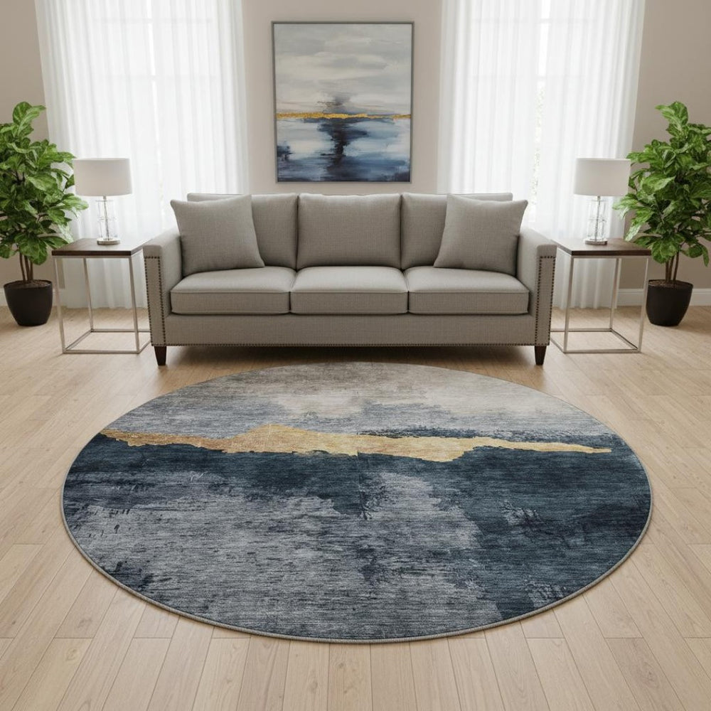 HomeRoots 8' Abstract Blue Gray and Gold Washable Round Rug with UV Protection for Stylish Home Decor 683557