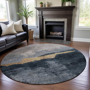 HomeRoots 8' Abstract Blue Gray and Gold Washable Round Rug with UV Protection for Stylish Home Decor 683557