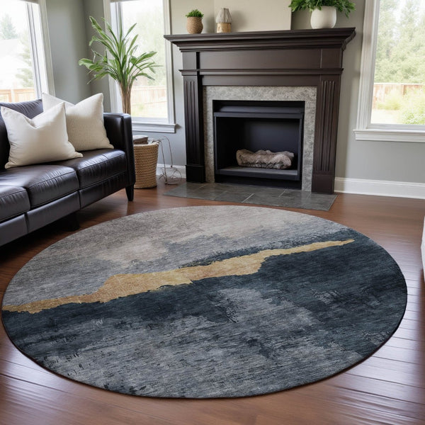 HomeRoots 8' Abstract Blue Gray and Gold Washable Round Rug with UV Protection for Stylish Home Decor 683557