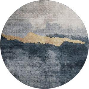 HomeRoots 8' Abstract Blue Gray and Gold Washable Round Rug with UV Protection for Stylish Home Decor 683557