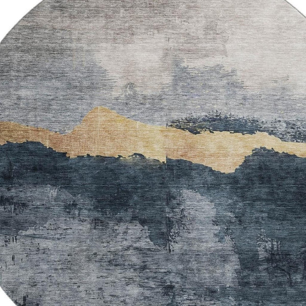 HomeRoots 8' Abstract Blue Gray and Gold Washable Round Rug with UV Protection for Stylish Home Decor 683557