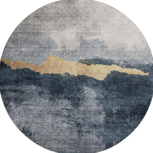 HomeRoots 8' Abstract Blue Gray and Gold Washable Round Rug with UV Protection for Stylish Home Decor 683557