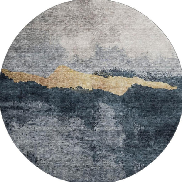 HomeRoots 8' Abstract Blue Gray and Gold Washable Round Rug with UV Protection for Stylish Home Decor 683557