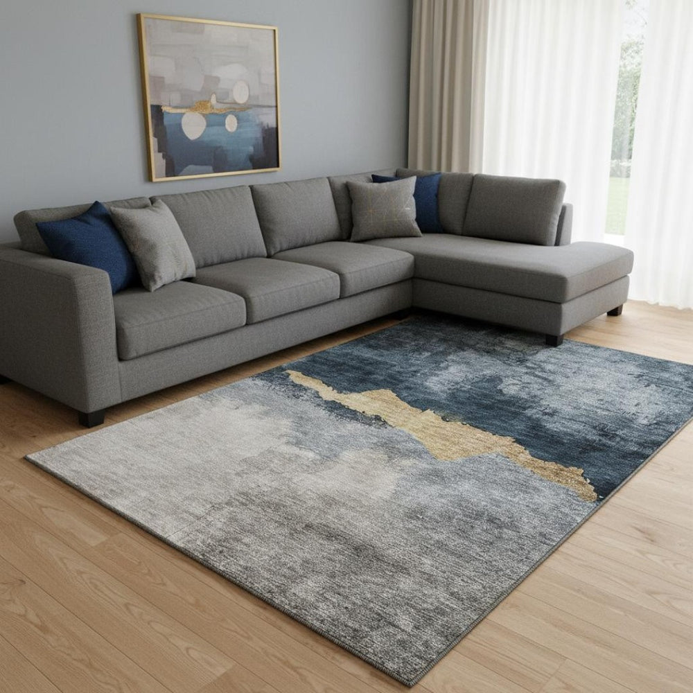 HomeRoots 8' X 10' Washable Blue Gray and Gold Abstract Area Rug with UV Protection for High-Traffic Spaces 683558