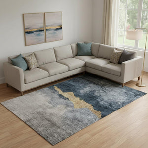 HomeRoots 9' X 12' Blue Gray Gold Abstract Area Rug – Washable, UV-Protected, Durable & Stylish for Homes 683559