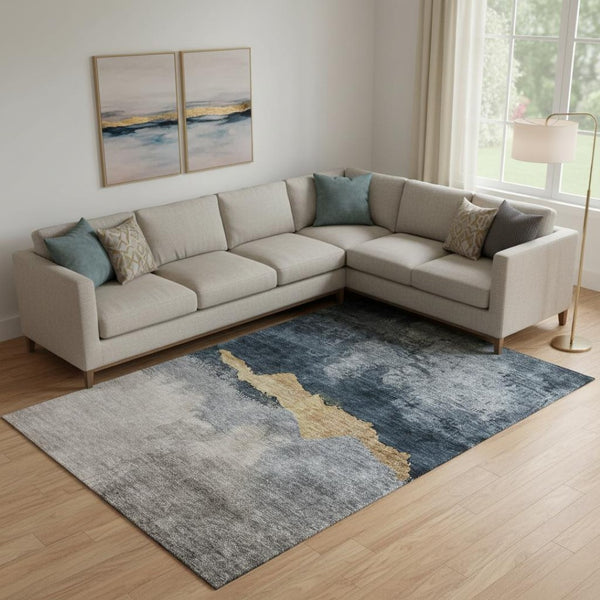 HomeRoots 9' X 12' Blue Gray Gold Abstract Area Rug – Washable, UV-Protected, Durable & Stylish for Homes 683559