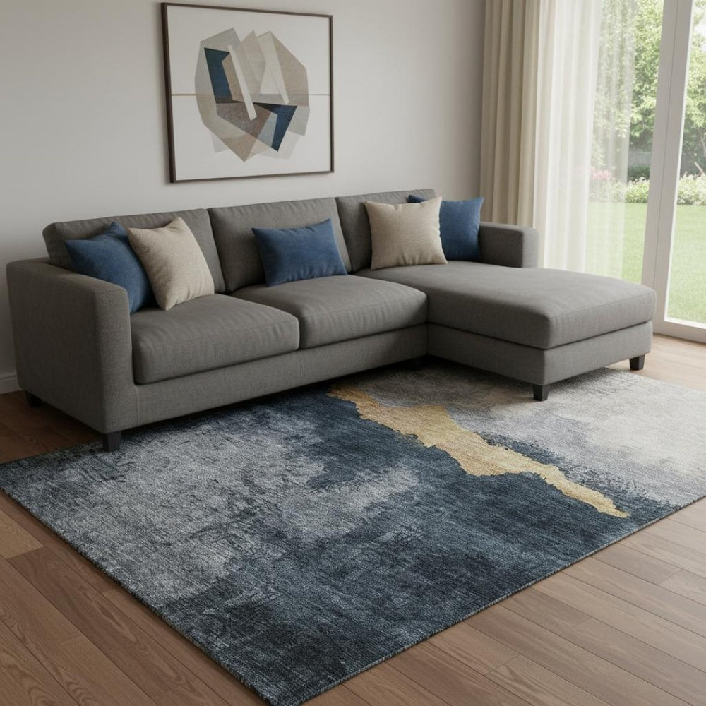 HomeRoots 10' Blue Gray and Gold Abstract Area Rug - Washable, UV Protected, Stain Resistant for High Traffic Homes 683560