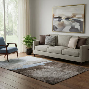 HomeRoots 5' X 8' Chocolate and Blue Abstract Washable Area Rug with UV Protection for Modern Living Spaces 683562