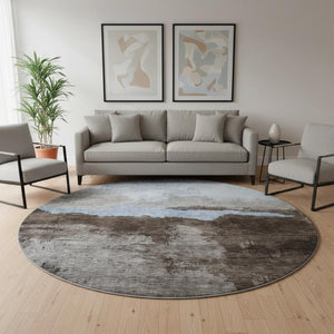 HomeRoots 8' Chocolate and Blue Abstract Washable Round Rug - UV-Protected, Durable, and Easy to Clean! 683563